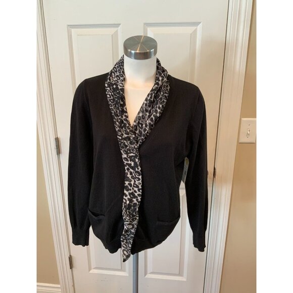 T Tahari Black Cardigan Sweater w/ Gray/Cream Leopard Print Trim, Sz L (Petite) - Picture 1 of 6